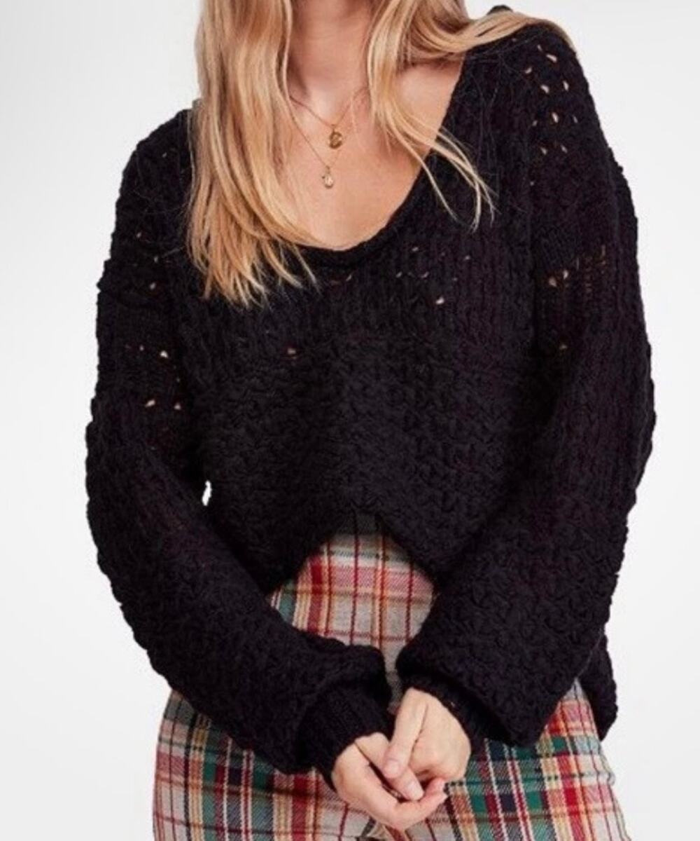 Free People Best Of You V-Neck Sweater Black Open Knit Slouchy Boho XS